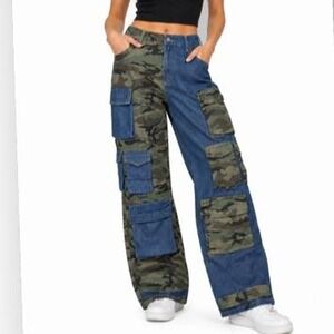Women's Patchwork Denim and Camouflage Jeans Cargo Pants